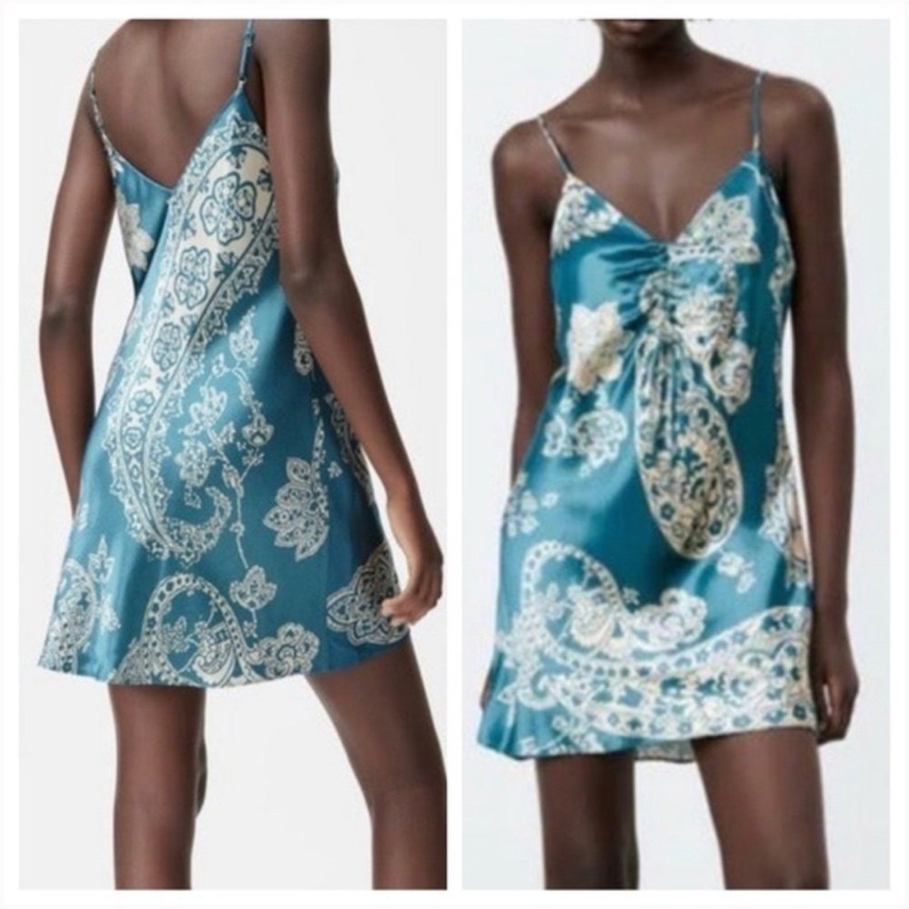 Zara xs Teal and Cream Paisley Slip Dress